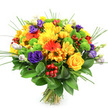 Set against a crisp, white background, this hand-tied bouquet from Flowers Mill Hill exudes energy and warmth, its tightly gathered, dome-shaped form brimming with vibrant colour and intricate texture. The arrangement opens with a generous cluster of yellow roses, their petals unfolding in elegant spirals that immediately suggest cheer and affection. Surrounding them are rich yellow chrysanthemums and smaller daisy-style blossoms, building a soft, sunlit foundation that feels as welcoming as a stroll through Mill Hill Park on a clear morning. Bright orange gerbera daisies stride confidently through the design, their open, flat petals and darker centres giving a bold, contemporary accent, while smaller orange daisies echo their hue, gently blending the warm colours into one harmonious band of light. Weaving between these sunny notes are deep purple lisianthus blooms, each one shaped like a miniature rose with delicately ruffled edges; a few pale lavender and white buds stand poised to open, introducing a calmer, more romantic undertone. Scattered throughout are lime-green button chrysanthemums, perfectly spherical and compact, their zesty shade recalling fresh spring growth along the paths near Mill Hill East. Ruby-red hypericum berries appear in glossy clusters, their smooth, beadlike surfaces glinting subtly and adding both texture and a festive touch. The bouquet is framed and grounded by a rich collar of dark green foliage, broad leaves that support the blooms and enhance their brightness, while slender, spiky blades of ornamental grass arc above and outwards, lending a sense of movement and airiness. The stems are neatly bound at the bottom, ready to be placed in a vase or delivered as a radiant gift across Mill Hill, ideal for birthdays, anniversaries, or offering heartfelt thanks with a vivid, uplifting gesture.