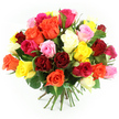 A beautifully composed bouquet of multicoloured roses dominates the frame, captured against a pure white backdrop that enhances every shade and detail, much like a hero piece in the window of a Mill Hill flower shop. The roses are gathered into a full, rounded cluster, so densely arranged that the blooms form an almost seamless canopy of colour. Rich crimson and deep red roses suggest romance and devotion, while softer blush and pastel pinks convey tenderness and admiration. Vivid fuchsia blossoms add a playful, modern edge, balanced by sunny yellow roses that bring an uplifting, cheerful note. Warm orange and coral roses weave through the design, infusing it with energy and enthusiasm, while creamy white and ivory blooms offer calm, balancing highlights. The petals appear soft and velvety, layered in tight spirals that gradually unfurl; some roses are fully open and generous, others remain partially closed or in bud form, lending the bouquet a sense of life and progression. Pockets of dark, glossy green foliage peek out around the blooms and at the base, grounding the vivid colours and echoing the greenery found in nearby Mill Hill Park and local gardens. Below the flowering heads, the straight green stems are neatly aligned and tied with a green and white gingham ribbon, reinforcing the impression of a lovingly hand-tied arrangement crafted by a skilled local florist at Flowers Mill Hill. The lighting is bright and even, casting soft shadows that accentuate the curves of each petal and the depth of the bouquet. The mood is joyful, affectionate, and celebratory, suitable for marking life's special moments in homes and venues across Mill Hill and the surrounding NW7 area.