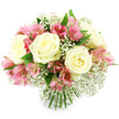 This photograph shows a carefully crafted, dome-shaped bouquet set against a clear white background, composed of creamy white roses, pink alstroemeria, and airy sprays of baby's breath. The roses, placed prominently across the centre and upper part of the arrangement, are generous in size, their velvety petals unfolding in smooth spirals that reveal soft ivory tones washed with the faintest hint of yellow at their centres. Tucked between these classic blooms, alstroemeria blossoms add colour and movement. Each flower is trumpet-shaped, with multiple petals that shift from pale blush along the edges to more saturated fuchsia hues near the throat, some petals marked with delicate fine lines and speckles that give them a lively character. Woven through the spaces, tiny clusters of gypsophila create a cloud-like veil of white, softening the bolder shapes and bringing a romantic lightness to the design. Deep, fresh green leaves peek out intermittently, outlining the rounded shape of the bouquet and hinting at the crisp, garden-fresh scent of the stems. Those stems are visible at the base, trimmed neatly and tightly tied in the style of a professional hand-tied arrangement, as though prepared for same-day delivery to a cosy home near Mill Hill Broadway or a celebration gathering by Mill Hill Park. The lighting is bright and evenly spread, with minimal shadow, allowing the subtle textures and colour gradations of each bloom to stand out. The overall feel is serene and affectionate, making this bouquet ideal for expressing love, appreciation, or gentle sympathy to someone in Mill Hill, while bringing the quiet elegance of fresh flowers into their day.