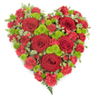 A richly textured heart-shaped floral arrangement dominates the image, presented against a plain white background so that its vivid colours and careful craftsmanship are fully visible, like a tribute prepared for a thoughtful farewell in Mill Hill. The heart is densely and evenly covered with flowers, creating a luxurious, cushioned look that feels both soft and substantial. Scattered across the heart are several large, fully opened red roses, their velvety petals arranged in intricate spirals that form natural focal points and immediately evoke a sense of deep affection. Between and around these roses, red carnations and mini carnations are tightly clustered, their frilled edges overlapping to form a continuous field of crimson, clearly defining the classic heart shape. Piercing through the red are clusters of lime-green button chrysanthemums, small, domed blooms composed of countless tiny petals. Their bright, almost citrusy hue contrasts strikingly with the red, adding freshness and a hint of hope. Along the perimeter, sprays of variegated pittosporum foliage gently frame the flowers, each small leaf showing a green centre edged with creamy white, subtly emphasising the silhouette of the heart. At the pointed base, fine fern fronds extend with a delicate curve, providing a final grace note of airy greenery. The overall impression is one of quiet strength and heartfelt emotion, perfect for funerals, memorial services, or cremation tributes across Mill Hill, from local churches to peaceful venues near Arrandene Open Space. With its careful balance of colour, form, and texture, this floral heart becomes a moving visual expression of remembrance, gratitude, and enduring love.