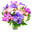 A lavish bouquet is photographed from above against a spotless white background, as if just set down on a workbench in a Mill Hill flower shop, ready to be wrapped for delivery along The Ridgeway or up toward Mill Hill East. The flowers are arranged closely together in a rounded, hand-tied style, dominated by generous pink peonies that are fully open, their many soft, overlapping petals creating a billowy, romantic texture. Among these luxurious blooms, eye-catching Vanda orchids in deep purple and rich fuchsia magenta stand out, their broad petals marked with delicate, patterned veining that lends an exotic, almost jewel-like quality to the bouquet. Threaded between the peonies and orchids are delicate spray roses in blush pink and subtle peach, accompanied by creamy white roses that soften the overall palette and add a touch of classic charm. Some roses are still in bud form, others half-blown, contributing a sense of freshness and gentle movement. Tiny clusters of white filler flowers, similar to spray chrysanthemums, are tucked delicately into the spaces between larger heads, providing light, feathery texture and catching the bright studio light. Surrounding all of this, rich green foliage with glossy leaves frames the arrangement and forms a lush base, enhancing the vivid colours while grounding the composition in natural greenery. At the bottom, the visible stems are neatly gathered and secured with a tasteful purple ribbon and a faint veil of sheer mesh, giving a clear signal of professional craftsmanship. The bouquet radiates joy, refinement, and celebration, ideal for a milestone birthday, a romantic surprise in a Mill Hill flat, or a striking centrepiece for a family gathering in NW7.