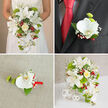 This four-part image captures a harmonious Mill Hill wedding flower story, with a focus on pure white blooms offset by fresh green and lively red accents. In the top-left frame, a bride stands against a light beige background, her white, gently textured dress cropped just above the waist so the eye falls entirely on the bouquet. She holds a generous cascading arrangement filled with large white oriental lilies, their star-shaped petals opening wide to reveal soft stamens. Curving down from the bouquet, slender trails of white Phalaenopsis orchids create a waterfall effect, each petal smooth and luminous. At the centre, a single cream-toned rose nestles among lime-green spherical pompon flowers, clusters of bright red berries, and delicate baby's breath. Fine strands of greenery and grasses weave through the flowers, adding movement and a sense of garden freshness, like a walk through Mill Hill Park after rain. The top-right panel zooms in on the groom in a dark suit and vivid red tie, showing a refined boutonnière pinned to his lapel: one pristine white orchid, a small green button bloom, and a touch of gypsophila, all tied with a bright red ribbon that subtly echoes his tie. The bottom-left panel isolates this boutonnière on a pale, slightly textured beige fabric, revealing the contrast between velvety petals, polished ribbon, and crisp foliage. Finally, the bottom-right frame presents the full bridal bouquet standing in a white woven basket-style vase on a clean white surface, backed by a light grey wall and accompanied by three white wicker spheres, evoking a modern yet romantic display you might find at a local Mill Hill reception or home celebration. Crafted with care, the composition highlights unity between bridal bouquet and groom's buttonhole, ideal for couples seeking coordinated wedding flowers around NW7.