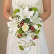 Gracefully held in the bridal portrait's lower frame, a luxurious cascading bouquet radiates its charm amidst the welcoming community of Mill Hill. Large, snowy white lilies, with their distinctive trumpet shapes and faint dusting of reddish-brown speckles, take prominence-representing purity and grace ideal for any Mill Hill wedding ceremony. A soft cream rose anchors the bouquet's core, reflecting the classic romance cherished by couples across the neighbourhood. Vibrant, lime-green pom-pom chrysanthemums or similar blooms offer an energetic pop of colour, reminiscent of the fresh lawns and hidden gardens along Mill Hill's quiet streets, while clusters of glossy red hypericum berries are artfully interspersed for joyful contrast. Trailing elegantly, delicate white Phalaenopsis orchids cascade downward, lending a smooth, flowing movement as if caught in a gentle breeze drifting over north London's hills. Wispy sprays of baby's breath and emerald grass-like greenery frame the arrangement, their feather-light texture brightened by the natural daylight that enhances every petal and detail. The subtle ivory lace of the bride's gown forms a dreamy, softly blurred background, highlighting the florals' structure and beauty. Lovingly created by local florists for Mill Hill occasions, this bouquet is a testament to the enduring allure of white blooms and modern design, perfect for spring or summer weddings in this picturesque North London area.