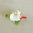 A refined wedding boutonniere is laid carefully on a softly textured, light beige linen cloth, the natural weave catching gentle, even light like the calm skies over Mill Hill on a spring morning. At its centre rests a pristine white Phalaenopsis orchid, its broad, velvety petals opening in a graceful arc, while the throat glows with soft yellow that melts into subtle touches of reddish-orange and faint brown markings. Around the orchid, airy clusters of delicate white baby's breath drift like tiny clouds, their minute blossoms adding a feathery halo of texture and softness. To the left, two perfectly round lime-green chrysanthemum buds, with densely packed, almost spiky petals, introduce a fresh, contemporary twist and a bright contrast against the creamy neutrals. A deep green leaf curves beneath the orchid, providing a natural cradle and echoing the greenery you might see in the gardens near Mill Hill Park, while a smaller, darker leaf peeks out closer to the stem. The stems themselves are bound with a vivid crimson red satin ribbon, wrapped with a florist's precision into a neat column that ends in a tiny bow or tight knot, lending a celebratory note of colour that would stand out on a tailored jacket. The entire composition feels elegant yet modern, like a carefully chosen accent for a groom or groomsman arriving at a Mill Hill ceremony, capturing the promise of the day with its balance of clean white petals, fresh green details, and a single confident stroke of red. Every texture-from the coarse linen background to the satin ribbon and smooth orchid petals-speaks of thoughtful, handcrafted floral design for an unforgettable formal occasion.