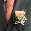 Effortlessly blending classic romance with local character, this boutonniere is a symbol of special moments in Mill Hill. At its core, a delicately tinted peach rose sits, petals unfurling with the softness of new beginnings, glowing under gentle daylight akin to the lawns of Mill Hill School in spring. The rose is embraced by feather-light sprays of baby's breath, adding a touch of whimsical purity, while sleek, lively green foliage-both slender sprigs and a bold, glossy leaf-frame the floral centrepiece. The wearer's tailored charcoal suit and pale blue checked shirt lend a contemporary urban edge, while a vibrant coral satin tie injects a lively note, perfectly balanced by the matching coral-peach bow securing the boutonniere's base. Each element is carefully composed, reflecting the care and tradition upheld by florists around Mill Hill East. This buttonhole, subtly fragrant and crafted for unity, is a cherished detail meant to rest close to the heart at weddings or meaningful celebrations across the neighbourhood, quietly telling a story of love and anticipation.