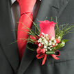 Shown in close detail against a dark, well-cut suit, this wedding boutonniere is a subtle statement of style and sentiment, as if created for a ceremony in Mill Hill's calm, leafy streets. At its heart, a deep pink rose opens in generous layers, the petals plush and velvety, with gentle curves that catch the light along each edge. The bloom has a sense of fullness without feeling heavy, offering a poised, romantic presence. Around the rose, clusters of white gypsophila sit like fine mist, each tiny flower forming part of a light, airy ring that tempers the intensity of the pink. Nestled amid these delicate blossoms, bright red berries gather in small groups, their glossy surfaces almost reflecting the surrounding colours, adding a cheerful, modern twist to the otherwise classic design. Slender strands of greenery peek out from the base, still vibrant and freshly cut, giving the arrangement a natural, garden-like touch, as though it might have been gathered from a Mill Hill back garden or the green spaces near Mill Hill Park. A single polished green leaf loops around to cradle the flowers, its smooth, structured curve echoing the tailored lines of the lapel and bringing a hint of contemporary floristry technique. The stems at the bottom are carefully bound with a fine red ribbon, wrapped tightly and finished with a discreet bow, the fabric adding a note of festive texture. The lighting highlights the contrast between the soft rose petals, frothy gypsophila, and sleek berries, while the suit's dark fabric forms a dignified backdrop. This boutonniere feels perfect for grooms, best men, or special guests in Mill Hill, carrying with it a quiet promise of joyful beginnings.