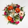 Radiant and thoughtfully arranged, this Mill Hill bouquet glows with the fresh optimism of spring mornings on the Ridgeway. At its centre, lively orange Gerbera daisies radiate cheerful warmth, offset by creamy peach Gerberas with dark, wine-hued centres that gently soften the composition. Fuchsia-pink and deep burgundy roses provide moments of romantic intensity, anchored by an elegant creamy beige rose whose spiral draws the eye to the heart of the arrangement. Hot-pink carnations add playful texture and volume, tumbling between tiny white spray chrysanthemums that lend brightness and balance. Points of slender white lily buds rise above the blooms, suggesting future blossoms and gentle promise. Framing the ensemble is a collar of dark, glossy and silvery eucalyptus-like foliage, providing structure and a breath of cool, leafy freshness that brings to mind Mill Hill's parks and green pathways. The bouquet's round, carefully balanced silhouette blends warmth and vibrancy, perfect for celebrating special occasions, saying thank you, or simply brightening a friend's day throughout Mill Hill. Each flower is meticulously selected and arranged to convey joy, abundance, and the local charm of North London's Mill Hill.