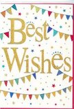 This Best Wishes card is captured in a clear, well-lit image, its design echoing the gentle, upbeat atmosphere of Mill Hill on a sunny day. At the centre, the message is written in luxurious gold script that stands proudly against the white card. The lettering is embossed, giving a raised, tactile quality, and the gold finish shimmers softly like fine glitter or metallic foil. The script style is flowing and decorative but easy to read, with smooth curves that make the greeting feel warm and genuine. Curving over and under the text, strings of brightly coloured bunting stretch across the card, reminiscent of festive flags hung for a local celebration near Mill Hill Park or along residential streets. Each tiny triangular flag is painted in vivid shades of blue, red, green, yellow, and occasional purple, thoughtfully arranged so no single colour dominates. Some pennants are decorated with neat stripes, others with delicate dots, and a few with small mosaic-style patterns that add a hint of artisanal charm. Scattered between and around these bunting lines are miniature stars and dots of confetti in coordinating colours. They appear to float lightly in the open white space, suggesting movement and the joyful aftermath of a toast or a cheer. The overall effect is one of cheerful sophistication-festive without being loud. It's the kind of versatile card that could accompany flowers for a graduation, a promotion, or a housewarming anywhere in Mill Hill, a colourful finishing touch that quietly says, I'm celebrating this moment with you, even when you can't be there in person. Flowers Mill Hill might tuck it among fresh blooms to complete a thoughtful, uplifting gift.