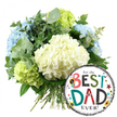 Against a clear white background, this image showcases a thoughtful Father's Day ensemble: a hand-tied hydrangea bouquet paired with a bright For the BEST DAD EVER! foil balloon. The bouquet, positioned on the upper left and centre, forms a full, rounded shape that feels generous and inviting, much like a warm greeting at a home near Mill Hill Broadway. At its heart, several large, creamy white hydrangea heads dominate, their compact clusters of tiny petals forming soft, rounded domes that seem almost cloud-like. Surrounding these are lightly tinted blue hydrangeas, particularly visible along the left side and upper edge, which introduce a calm, cool tone, echoing the relaxed atmosphere of leafy streets around Mill Hill. Punctuating the cooler hues, lime green hydrangeas nestle at the lower left and upper right of the bouquet, their fresh, zesty colour giving the arrangement a contemporary, uplifting spark. Interspersed among these blooms are sprigs of silvery eucalyptus and darker green foliage, whose varied leaf shapes and tones add depth, structure, and the suggestion of a subtle, green fragrance. The stems at the base are visible and neatly tied, showing this as a classic hand-tied design a local Mill Hill florist might prepare for delivery. In the lower right corner, slightly overlapping the bouquet, a round foil balloon gleams with a smooth, reflective surface. Its centre is white, framed top and bottom by bold black-and-white stripes that create a smart border around the message For the BEST DAD EVER! The words are printed in a playful mix of fonts and colours: BEST and DAD stand out in patterned red, teal, green, and black letters, while For the and EVER! appear in simpler black text. A small No. 1 rosette symbol sits beside the wording, and the rest of the balloon is sprinkled with bright stars and confetti-like dots in yellow, red, teal, and black. Together, the cool hydrangea bouquet and the cheerful balloon create a warm, celebratory scene, ideal for expressing love and gratitude to a father in Mill Hill on Father's Day, his birthday, or any special day.
