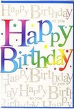This photograph features a radiant birthday card whose front design captures the spirit of a joyful celebration in Mill Hill. The central focus is the phrase Happy Birthday, laid out in big, rounded letters that blend seamlessly through a bright rainbow of colours. Each letter carries its own smooth gradient-deep cherry and berry tones at one end, drifting through rosy pinks, purples, and rich blues, then softening into aqua, fresh green, and ending in warm golden yellows-creating the feeling of coloured lights glowing across the card, much like festive decorations strung near Mill Hill Broadway on a special evening. The colour transitions are finely blended, giving the type a lightly three-dimensional appearance, as though the letters had been gently brushed with watercolour or airbrushed inks. Behind this vivid lettering, the background is completely filled with delicate gold handwriting that repeats the words Happy Birthday to you in a flowing, cursive style. This metallic script forms a gentle pattern that shimmers subtly when light falls across the surface, adding elegance without overwhelming the main message. Tiny specks and starry accents in complementary colours are scattered here and there, reminiscent of confetti caught in the air after a birthday toast. The card's material looks smooth and slightly glossy, enhancing both the saturation of the colours and the soft gleam of the gold. Overall, the card gives off an air of warm, modern festivity-the kind of thoughtfully designed greeting you might select at Flowers Mill Hill to accompany a hand-tied bouquet sent to a friend along Lawrence Street, up near Mill Hill Park, or around the leafy residential lanes for a birthday that feels bright, personal, and sincerely celebrated.