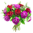Against a pure white backdrop, a lush, hand-tied bouquet of crimson roses and opulent purple carnations appears almost sculptural, every element carefully placed to create a sense of balance and drama. The roses, a deep, velvety red, draw the eye first; each bloom is at an ideal stage of opening, with tightly coiled inner petals and slightly more relaxed outer ones, forming the classic spiral that has come to symbolise enduring love. They are interspersed with generous clusters of carnations in varying tones of purple, from bright magenta to darker, regal shades. These carnations are made up of countless small, frilled petals that ripple outward, giving each flower head a soft, pillowy texture. The combination of sleek rose petals and finely ruffled carnation edges creates a rich play of light and shadow, enhancing the bouquet's sense of depth. Threaded throughout are stems of dark, glossy foliage, probably Ruscus, whose elongated leaves frame and support the blooms with a polished, architectural feel. Lighter sprigs of eucalyptus introduce a contrasting silvery-green note, their rounded leaves and slender stems suggesting gentle movement and a hint of cool, refreshing scent. At the bottom, the green stems are cut evenly and bound securely with a discrete red tie, revealing the bouquet as a professionally crafted, ready-to-display arrangement. The overall lighting is bright and even, reminiscent of the clean, natural light in a Mill Hill flower shop not far from the open spaces of Mill Hill Park and Arrandene. The mood is distinctly romantic yet modern, making this bouquet an ideal choice for anniversaries, proposal celebrations, or special same-day deliveries across NW7 from Flowers Mill Hill.