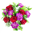 A richly coloured bouquet of deep crimson roses and vivid purple carnations is shown in close-up, the flowers gathered into a rounded, almost sculptural form that feels both luxurious and inviting. The roses command attention first, their velvety petals spiralling towards the centre in carefully layered whorls that speak of classic romance and intensity. Nestled intimately among them, ruffled purple carnations bring a softer, more playful energy, their many small petals catching and diffusing the light to create an intricate tapestry of colour. This central duet of red and purple is cradled by an ample ring of greenery: broad, glossy leaves that anchor the bouquet, interspersed with finer foliage that spills slightly over the edges, giving the arrangement a relaxed, natural finish. Eucalyptus sprigs are woven discreetly through the greens, their silvery-blue leaves introducing cooler tones and the faint suggestion of a crisp, clean scent, reminiscent of a fresh breeze passing through the open spaces of Mill Hill's parks. The bouquet is photographed in gentle daylight, which brings out the richness of the reds and purples while allowing the greens to remain soothing and understated. Each flower appears thoughtfully placed, angled so that the roses and carnations seem to converse across small, deliberate gaps. You can imagine this bouquet resting in a vase on a dining table in a Mill Hill home, ready for an anniversary dinner, or being carried along the Broadway as a romantic surprise. It has the quiet confidence of an arrangement crafted by local experts at Flowers Mill Hill, who understand how to translate emotion into colour, texture, and form for the people and occasions that matter most in the area.