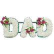 A dignified, three-dimensional floral tribute forms the word DAD in bold capital letters, photographed against a clean white backdrop. Each letter is composed of a dense carpet of small, snow-white chrysanthemums-those soft, cushiony florets that read as purity and calm at a distance-their rounded petals packed closely to produce a seamless, cloud-like surface. The letters are framed with a pleated emerald-green ribbon that follows both the outer and inner edges, its ruffled texture lending a cool, structured contrast to the fluff of the blooms. Running quietly behind the letters is a slim, dark-green or slate-grey support bar that suggests a self-contained memorial easel or graveside display. Carefully placed accent clusters punctuate the composition: deep magenta roses in varying stages of bloom, from tight buds to half-open cups, gather with slender white freesias and small spray flowers, their subtle sweetness implied by the shapes. Lush, deep-green foliage provides shadow and depth beneath each bouquet; the first cluster settles on the upper left curve of the first D, a second nestles in the lower V of the A, and a third crowns the upper right curve of the final D, creating an intentional, balanced rhythm across the piece. The overall impression is one of respectful love and quiet formality-an arrangement suited to memorial services, wakes, or a graveside tribute where families prefer a personalised, tender farewell. As a Mill Hill floral design, it feels familiar to local congregations who seek simple, elegant wording pieces for commemorations held near Mill Hill Common or at services along The Ridgeway, offering solace through careful, expert craftsmanship.