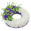 A profoundly gentle, circular funeral wreath photographed against a clean white studio background, its form speaking quietly of memory and respect. The core of the design is a dense, pillow-like ring of pristine white cushion chrysanthemums: each small, multi-petalled bloom is tightly nestled to produce a seamless, cloud-soft surface that suggests peace, purity and enduring continuity. Along the upper-left quadrant a considered flourish of purple Eustoma (Lisianthus) introduces contrast and a tender focal point - fully opened deep violet blossoms with pale yellow throats sit beside paler lavender buds and slender, upright stems, the variation in tone creating a soft gradient of colour and an elegant, velvet-like texture. Scattered throughout and framing the purple spray are fresh green leaves - glossy broad foliage, lighter variegated leaves and feathery fern-like fronds - which bring a crisp, botanical freshness and gentle movement to the composition. Beneath the white chrysanthemum layer a delicate, crinkled mesh or lace in a rich dark purple peeks out along both inner and outer edges, offering a subtle, regal border that picks up the Lisianthus hues without overpowering the overall serenity. Soft, diffused studio light produces a faint shadow beneath the wreath, lifting it from the white surface and emphasising the wreath's depth and craftsmanship. The scent is faintly floral and reassuring rather than heady, the arrangement's textures inviting quiet reflection. This dignified sympathy tribute would be at home on a chapel stand or graveside in Mill Hill, offered to convey heartfelt condolences and lasting remembrance during a tender farewell.