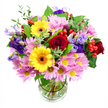 The photograph shows a vibrant mixed bouquet arranged in a clear glass vase, set against a bright white backdrop that makes each bloom feel crisp and luminous. At the centre, velvety deep red roses unfurl in layered spirals, giving the design a romantic, heartfelt core. Close by, two golden yellow gerbera daisies stand out with their open, round faces and distinctive brown-orange centres, adding a lively, sunlit quality that feels right at home in the airy houses and apartments around Mill Hill Broadway. Surrounding these feature flowers, soft pink daisies or chrysanthemums cluster together, each with many slender petals framing a tiny yellow centre. These pastels create a gentle, cloud-like collar that softens the stronger red and yellow tones. Woven between them, elegant purple and lavender lisianthus blooms introduce cooler shades; their bell-shaped flowers and slightly ruffled edges bring a sense of refinement and depth, echoing the quietly polished character of Mill Hill's tree-lined avenues. Here and there, bright red hypericum berries peek out, small and glossy, lending a modern texture and a hint of playful energy. The bouquet is supported by diverse greenery, from broad dark leaves that ground the design to finer, light-green sprigs that add lift and lightness. Inside the transparent vase, the neatly trimmed stems rest in clear water, underscoring the freshness of the flowers and the florist's neat craftsmanship. The overall impression is joyful and welcoming, making this arrangement ideal for birthdays, celebrations, or a thoughtful delivery to bring colour and natural fragrance into a Mill Hill home, whether placed on a kitchen table or by a sunny living-room window.