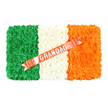 A carefully crafted Irish flag funeral arrangement is presented from an overhead angle, its rectangular shape and bold colours clearly defined against a plain white background. The tribute is divided into three vertical stripes made entirely of flowers. The left-hand stripe features a compact mass of deep green blooms, likely button chrysanthemums, their closely packed petals forming a dense, almost velour-like surface. The centre stripe is a pristine band of white flowers, soft and cushiony, representing purity and the gentle calm of remembrance. The right-hand stripe glows with bright orange blossoms, warm and radiant, completing the classic tricolour pattern associated with Irish identity and pride. Stretching diagonally across the white and orange sections is a sleek coral-red satin ribbon, placed from the lower left towards the upper right so that it sweeps gracefully over the arrangement. In the middle of this ribbon, the dedication GRANDAD is printed in bold silver capital letters, the metallic effect standing out clearly against the warm red tone. Tiny white pins or pearl-topped studs anchor the ribbon into the flowers at key points, adding understated detail while keeping the line of the ribbon smooth. The tribute feels both patriotic and deeply personal, an ideal floral piece for a funeral or memorial service in Mill Hill where a grandfather's Irish heritage is being honoured. It is easy to picture this design resting near the altar or at a graveside, the vibrant colours, careful craftsmanship, and single word of endearment offering comfort to family and friends as they gather to remember, reflect, and say their final goodbyes.