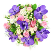 In this top-down photograph, a perfectly rounded bouquet rests on a bright white backdrop, its colours and textures carefully balanced to create a sense of both luxury and ease, like a bouquet prepared for a special gathering in Mill Hill. Striking Vanda orchids in a deep, regal purple are spaced throughout the design, each one marked with darker violet veining and delicate speckles that give the petals a mottled, almost hand-painted appearance. They provide dramatic focal points, contrasting beautifully with the surrounding softness. Around them, waves of roses in blush pink and pastel tones unfurl, some still modestly closed, others fully open with layered, swirling petals that evoke warmth, affection, and quiet romance. Soft cream roses are woven among them, introducing highlights that brighten the arrangement and echo the white background beneath. Delicate clusters of small white, daisy-like flowers fill the spaces between the larger blooms, adding airiness and a touch of wildflower charm, like a hint of countryside just beyond Mill Hill's leafy streets. Creamy Hypericum berries, round and pearl-like, sit in little groups throughout the bouquet, providing a pleasing, tactile punctuation among the petals. The entire composition is cradled by generous foliage: glossy dark green leaves that give fullness and depth, along with feathery, silvery-green leaves that feel cool and velvety, softening the edges of the design. The bouquet's overall impression is sophisticated yet welcoming, ideal for gracing a dining table near Mill Hill Broadway, marking an anniversary, or sending a heartfelt message of thanks or congratulations to someone nearby. It brings the feeling of a freshly arranged, high-quality floral gift-crafted with care and a keen eye for detail-directly into the home.