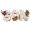 A deeply respectful funeral tribute spells the word SON in three-dimensional capital letters, each letter formed from a dense cloud of small, pure white spray chrysanthemums that give the characters a soft, pillowy texture. Against a clean white background the letters sit lit by soft, diffused light that emphasizes the roundness of each blossom and the gentle shadows between petals. Each letter is crisply edged with a bright red satin ribbon folded into a scalloped trim that defines the shapes and offers a vivid, comforting contrast to the white flowers. Three carefully placed clusters of accent blooms break the white plane and lend quiet dignity: the 'S' bears a grouping at its upper left curve, the 'O' is graced with a cluster tucked into its bottom centre, and the 'N' carries its arrangement on the upper right stem. These accents include velvety deep-red roses, spiky blue-purple Liatris-style blooms or similar, and rich dark green foliage with delicate fern fronds and trailing leaves, adding texture, depth and a subtle woody, leafy scent. The overall effect is one of solemn tenderness-pure flowers and traditional colours that read as purity, love and lasting remembrance. Made with the skill of an experienced florist, this personalised lettering is intended for funeral viewings, a graveside farewell or a memorial chapel in Mill Hill and nearby communities, offering a visual expression of loss and devotion that is both classic and deeply personal.