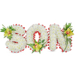 A reverent, three-dimensional floral tribute spells the word 'SON' in sculpted capitals, each letter formed from a dense cloud of pristine white chrysanthemum blooms that read as soft, pillowed surfaces. The chrysanthemums' uniform, paper-like petals create a quiet, luminous field across every face of the letters, catching soft studio light and lending an impression of purity and calm. Around the outer contours and within the hollow of the 'O' a continuous scalloped border of vibrant red ribbon is looped with precise, rhythmic folds - a striking, almost graphic contrast that suggests love, memory and courage without overwhelming the white. At three carefully considered anchors - the upper left curve of the 'S', the base of the 'O', and the right stroke of the 'N' - sit lime-green cymbidium orchids whose waxy petals and subtle orange-reddish throats add a warm, living centre to each letter. Lush green foliage and airy fern fronds weave through and behind the blooms, their glossy blades and fine textures giving lift, height and a natural silhouette to the arrangement. The whole tribute sits against a plain white background so every curve, ribbon loop and orchid detail reads clearly; the effect is both intimate and dignified, as one might see at a graveside or memorial chapel. As a Mill Hill florist would confirm, this is the kind of personalised sympathy piece chosen to speak in place of words - quiet, crafted, and held with care for families remembering a beloved son in and around Mill Hill Village, Mill Hill Broadway and the nearby green spaces.