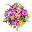 In this top-down photograph, a luxurious, colourful bouquet spreads out in a perfect circle against a pure white background, making every flower and leaf stand out in sharp detail. At the centre and radiating outward are striking Vanda orchids in vibrant fuchsia and deep magenta-purple, their velvety petals patterned with fine, net-like tessellations that lend them an exotic, almost jewel-like quality. Closely intertwined with the orchids are lush roses in three joyful tones: soft, romantic pastel pink, lively bright orange, and warm, golden yellow, each bloom tightly layered into a spiral that seems to invite you to trace the petals inward. Deep plum and aubergine calla lilies snake through the bouquet, their smooth, trumpet-shaped blooms curving elegantly, giving the arrangement a touch of theatrical sophistication. Between these main flowers, small clusters of phlox-like blossoms in lavender and light purple add subtle texture, softening the palette with their airy presence. The entire bouquet is underpinned by rich greenery, a mix of broad emerald leaves and rounded, silvery-green eucalyptus that weave among the stems, echoing the cool, leafy feel of Mill Hill's gardens and the green spaces near Mill Hill East. Carefully composed into a dense, domed shape, the arrangement creates a dynamic yet cohesive display of colour, texture, and form. It feels perfect for a joyful birthday in a Mill Hill family home, a congratulatory gesture delivered to a new address off The Ridgeway, or a stunning centrepiece that brings warmth and modern elegance to any gathering in this corner of North London.