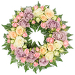 Set against a spotless white background, this elegant circular wreath is presented as a thoughtful sympathy tribute, much like one you might see at a quiet service in Mill Hill. The wreath is completely filled with flowers and foliage, forming a rich, continuous ring that represents unending love and remembrance. The dominant blooms are large roses in shades of creamy white and soft ivory, many of them fully opened to reveal their layered, velvety petals, while others are slightly cupped, as though just reaching full bloom. Interspersed throughout are roses in gentle blush pink, pale peach, and warm buttery tones, lending the design a tender, comforting glow. Dusty lavender and muted mauve roses appear at regular intervals around the circle, their more unusual colour adding sophistication and a sense of thoughtful, personal choice. Smaller spray roses and tight buds nestle between the larger blooms, enhancing the wreath's texture and creating subtle variation. A base of deep green, finely cut fern fronds supports the flowers, their feathery leaves emerging between petals and framing the outer edge, much like the soft foliage in Mill Hill's gardens and green verges. The overall impression is lush yet composed: every part of the ring is involved, but the circle's outline remains clear and symmetrical. Gentle, even lighting ensures that each flower and leaf is visible, with no strong shadows or dramatic contrasts to disturb the peaceful mood. This funeral wreath offers a serene, respectful expression of condolence, suitable for honouring a loved one with quiet grace in the Mill Hill area.