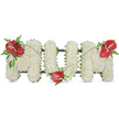 A dignified, three-dimensional tribute spelling out the word MOM in bold capital letters, photographed against a plain white background so every detail reads clearly. Each letter is formed from tightly clustered, pristine white spray chrysanthemums that give the surface a soft, cushion-like, almost clouded texture; you can almost feel the gentle, papery petals under a fingertip. To bring warmth and emotional contrast, three glossy red anthurium blooms punctuate the white-one on the top left corner of the first 'M', one tucked at the base of the central 'O', and a third mirrored on the top right of the final 'M'-each showing the pale yellow/white spadix at its center. Rich, dark green foliage including feathered fern fronds and broad leaves nestles around the anthuriums, their deeper tones visible at the edges where the underlying green frame supports the letters. Thin, arching blades of grass or long stems sweep across the composition, subtly linking the red focal points and drawing the eye along the word. The lighting is soft, resembling gentle morning daylight that softens shadows and emphasizes the chrysanthemums' purity; there is a quiet, respectful atmosphere ideal for remembrance. This arrangement reads as a classic funeral or sympathy tribute for a mother-clean, reverent and carefully constructed-suitable for placing at a wake, memorial service or graveside. A local Mill Hill florist would note the sturdy framework and the way the anthuriums' glossy texture balances the chrysanthemums' soft matte finish, a combination that offers comfort and dignity in moments of farewell.