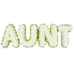 The photograph presents a personalised funeral arrangement spelling out AUNT in four bold capital letters, positioned against an all-white background for a clear, uncluttered view. Each letter is overflowing with white chrysanthemum blooms, their compact, multi-petalled heads nestled closely together until they form a rich, continuous surface with a soft, almost velvety appearance. The flowers are fresh and crisp, their whiteness cooled by the light so they feel tranquil rather than stark. Surrounding the outer edge of every letter is a neat ribbon or border of bright green foliage, following each line and curve precisely. This slender band of green defines the shapes and gives the word clarity, while also introducing a natural, hopeful note that calls to mind the greenery around Mill Hill Broadway or nearby parks. The letters are laid out in an orderly row, evenly spaced so the word AUNT reads clearly at a glance, just as it might on a tribute placed at the front of a chapel or graveside service. The mood of the design is calm and reverent, reflecting the respect and tenderness that family members feel when saying goodbye to a much-loved aunt. Created in a classic style by Flowers Mill Hill, this tribute blends traditional white funeral flowers with a fresh green outline, offering a graceful way to express condolences and honour the memory of someone who held a special place in the heart of the Mill Hill community.