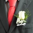 A close-up photograph captures the refined elegance of a groom's boutonniere pinned neatly to the left lapel of a dark charcoal grey suit, the sort you might see at a Mill Hill wedding in St Paul's or on a summer's afternoon at Mill Hill Park. The fabric of the suit looks like a fine wool blend, tightly woven with a soft matte finish, and you can trace the clean line of the lapel edge and the discreet welt pocket just below. Beneath the jacket, a pale dress shirt with a subtle check pattern brings gentle texture, while a bold, solid scarlet red tie in a smooth satin-like weave cuts through the composition with confident colour, perfectly knotted and centred. Anchoring everything is the boutonniere itself: a single creamy white rosebud, petals velvety and perfectly furled, suggesting freshness, promise, and composure. Around the rose, tiny white florets of baby's breath create a delicate, cloudlike halo, their fine branching structure adding softness and air. Slender threads of bright green foliage and a slightly broader, deeper green leaf cradle the bloom, giving the arrangement movement and a whisper of the countryside beyond Mill Hill Broadway. At the base, a narrow white satin ribbon is tied into a neat, precise bow, securing the stems against the lapel with understated polish. The lighting is gentle and even, highlighting the textures of fabric and flower without harsh shadow, and the overall mood is one of quiet anticipation and heartfelt celebration, as if the wearer is moments away from greeting guests and saying vows on one of life's most meaningful days.
