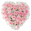 A dense, heart-shaped posy of soft pink roses fills the frame, each bloom arranged with the care of a practiced hand and photographed against a pristine white backdrop that accentuates every petal and tiny spray of white baby's breath. The roses range from a whisper of blush at the outer petals to a slightly deeper rosy tone toward the centers; some remain coyly furled as tight buds while others have begun to open, revealing delicate, spiraling layers that catch the light and suggest a velvety touch. Interwoven through the mass of pink, clouds of Gypsophila lift the composition, their miniature white florets adding an airy, lace-like texture and a luminous contrast that clarifies the heart silhouette. The lighting is bright and even, bringing out subtle variations in pigment and the wet sheen on fresh petals while casting almost no shadow, so the arrangement reads as both intimate and immaculate. Close-up, the scent seems imaginable - a soft, honeyed rose perfume with a green, clean undertone - and the tactile impression is of satiny, overlapping curves and the feather-light crunch of baby's breath. This piece feels designed for tender moments: a quiet anniversary gift left on a bedroom table, a romantic Valentine's surprise, or a wedding token displayed near the registrar at a small Mill Hill ceremony. The composition projects calm affection rather than flamboyance, speaking in gentle, reassuring tones about devotion and care. A viewer who cannot see the image would understand that the bouquet is both artful and sincere, made to convey softness, devotion, and an understated elegance suited to intimate celebrations in the Mill Hill area.