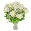 A graceful, museum-quiet bouquet of creamy white roses and a drifting cloud of baby's breath sits centered on a pristine white background, every detail rendered with calm precision. About a dozen velvety roses form the heart of the arrangement, some petals unfurling to full bloom while others hold a tighter, hopeful spiral; their soft cream tones lean toward a warm ivory that catches the light like satin. Interlaced between those primary blooms are countless tiny white gypsophila florets, their airy, starlet shapes creating a lace-like veil that softens edges and suggests gentle motion, as if a breeze has just passed through. Rich green foliage-leaves in deep emerald and fresh lime-frames the composition, their glossy surfaces and pronounced veins grounding the pale flowers and giving the bouquet a sculpted, living silhouette. The stems are visible through a simple clear glass vase, trimmed and neatly clustered, the waterline revealed to underline the cut flowers' freshness and care. Diffused daylight seems to spill across the scene, offering a serene glow that reinforces feelings of purity, comfort, and thoughtful intention. This is the kind of arrangement I might prepare for a quiet anniversary, a sympathy tribute, or as a composed 'thinking of you' gift delivered to a home near Mill Hill Village or to a bedside at a local address; it feels measured, dignified, and tender. The faint floral scent is almost memory rather than perfume-a soft, green whisper-and the overall tone is one of understated elegance, a bouquet that invites a long, reflective moment rather than immediate spectacle.