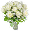 A serene, luminous bouquet of about a dozen full, creamy white roses fills the frame, arranged with delicate sprigs of baby's breath (Gypsophila paniculata) and a generous sweep of lush green foliage. Each rose is large and fully unfurled, the outer petals soft and satiny while a few centers show a gentle creamy-yellow tint, creating warm depth within the otherwise pristine white blooms. The gypsophila floats like soft morning mist between the heads of the roses, its tiny clustered blossoms adding an airy veil of texture that lightens and romanticises the composition. Beneath the blooms, varied green leaves-some glossy, some matte, some narrow, some broad-fan out to cradle the arrangement and provide a fresh, verdant contrast. The stems are neatly trimmed and visible through a clear, slightly flared glass vase sitting at the image's lower centre; the water line is clean and the stems rest straight, a sign of careful preparation. Bright, even lighting bathes the bouquet from the front, sharpening petal edges and making the whites appear radiant without glare, while the overall mood remains calm and contemplative. Imagine the faint, delicate scent of tea-rose and green foliage, an understated perfume that soothes rather than overwhelms. This classic, elegant display reads as a gesture of purity and comfort-perfect for a wedding altar, an anniversary table, or a sympathy arrangement left at a quiet Mill Hill home or near Mill Hill Park. It's the kind of bouquet that offers gentle consolation and timeless beauty in equal measure.