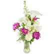 A celebration in glass: a gently curved clear vase holds a tall, elegant bouquet that blends modern lines with garden romance. Cool white calla lilies rise like porcelain trumpets, their smooth, trumpet-shaped blooms and pale yellow spadices catching soft, studio light and drawing the eye upward with sculptural grace. Around them, opulent magenta peonies unfurl in generous ruffles - two fully open blossoms sit prominently in the lower half, their velvety petals folding over one another, while a smaller tight bud promises another bloom to come. A single creamy white rose nests near the base, its tightly spiraled center offering a classic counterpoint to the peonies' exuberance. A vertical spire of white stock, its tiny clustered florets forming a larkspur-like column, adds height and a gently textured silhouette, while delicate sprays of baby's breath are woven through the arrangement, lending an airy, cloud-like softness between the larger forms. Lush green foliage - a mix of narrow fern-like fronds and broader vibrant leaves - frames each flower, creating depth and a fresh, garden-sourced backdrop; through the transparent vase you can see the stems and the water that keeps the composition alive. The overall scent is a quiet mingling of cool, clean calla notes with the warm, honeyed perfume of peonies, evoking early summer afternoons. Hand-tied in a manner suited to both celebrations and intimate moments, this bouquet reads as joyful and composed - perfect for birthdays, anniversaries, or as a thoughtful delivery to someone near Mill Hill Village or Mill Hill Broadway who appreciates refined, floral craftsmanship.