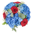 Seen from a direct top-down view against a clean white background, this circular bouquet reads like a careful study in contrast and texture: a dense cushion of blue hydrangea heads-each floret shifting from soft sky blue to a deeper, almost sapphire tone-forms the voluminous base. Nestled within that ocean of blue are three richly hued, fully opened red roses whose velvety petals spiral inward with a classic, intimate form; they demand the eye yet sit harmoniously with the surrounding blooms. Sprays of tiny white baby's breath (Gypsophila) are sprinkled throughout, their delicate cloud-like clusters acting like breath between the larger forms and lifting the composition with pinpoint bright accents. Muted, rounded eucalyptus leaves with a silvery-green tone arc gently around the blooms, while a few crisper green leaves add sharper visual geometry, giving depth and a natural frame to the dome. The lighting is soft and even, revealing surface textures-the hydrangeas' papery petal edges, the roses' plush, satiny sheen, and the matte eucalyptus-without harsh shadows, so the bouquet reads as fresh, full, and tactile even from above. The overall mood is celebratory and quietly refined, a classic red-white-and-blue arrangement that can suggest patriotism, remembrance, or a heartfelt gift; it's the sort of arrangement a Mill Hill florist might prepare for a community celebration on The Broadway or for delivery across Mill Hill Village. Subtle floral perfume and a faint eucalyptus coolness are suggested by the visual detail, completing a sensory picture that feels both composed and convivial.