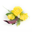 A joyous, wearable corsage photographed against a clean white backdrop, the composition focused on three luminous yellow roses that read like small suns. The central rose is fully open and slightly larger, its buttery petals unfurling in perfect spirals, while the two flanking blooms are just beginning to open, lending a sense of gentle movement. Each rose has a tiny clear, faceted jewel nestled at its heart that catches the light and adds a delicate, celebratory sparkle. Beneath the trio, a single deep plum calla lily sweeps downward to the left in a graceful curve, its satin-like throat and rich burgundy tones providing a dramatic counterpoint to the sunny roses. The arrangement is softened with wisps of feathery asparagus fern and grounded by broader, glossy dark-green leaves that give the piece weight and structure. Sprays of small, creamy-white button chrysanthemums tuck into the yellow cluster, bringing bright contrast and a whisper of texture, while a couple of closed green buds peek from the bottom right as a quiet note of growth. A faint veil of sheer white lace or feathered fabric behind the leftmost rose lifts the silhouette and adds an ethereal, feminine finish. The scents suggested are gentle - a light, classic rose perfume warmed by fresh greenery - and the overall effect feels confident and celebratory, ideal for milestone moments such as a wedding, prom, or graduation in Mill Hill. A local florist's hand is obvious in the meticulous placement of each element, designed to sit smoothly on a lapel or wrist and to make a bold, joyful statement without fuss.