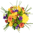 The photograph shows a vibrant, circular bouquet captured from above, resting on a pure white surface that allows its colours to stand out with striking clarity. At the heart of the design, rich yellow roses unfurl in layered spirals, their velvety petals accompanied closely by full yellow chrysanthemums, whose densely packed florets create a soft, plush texture. From this sunny centre, bright orange gerbera daisies with dark central eyes extend outward, their neat, radiating petals giving the arrangement a structured, star-like energy often seen in celebratory bouquets crafted by Flowers Mill Hill. Tucked among these larger faces, lime green button chrysanthemums form compact, spherical clusters, offering a refreshing, almost zesty contrast in both colour and shape. Woven carefully through the warmer tones, deep purple lisianthus blooms and slender buds bring in cool, refined accents, their silky, gently ruffled petals enhancing the sense of depth and luxury. Small bunches of glossy red hypericum berries are sprinkled throughout, each berry smooth, rounded, and slightly reflective, like tiny jewels hidden among the greenery. Long, slender strands of green grass arch out from the bouquet, breaking the perfect circle with delicate curves that introduce a sense of light movement, as though the flowers had just been set down in a quiet corner of a Mill Hill home. The even, bright lighting highlights every surface and edge, making the arrangement look freshly prepared and full of life. Altogether, the bouquet radiates cheerfulness and optimism, ideal for uplifting a friend, celebrating a birthday, or sending a colourful thank-you across Mill Hill and the surrounding neighbourhoods.
