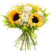A joyful palette of sunny yellow, creamy white, and fresh green fills this hand-tied bouquet, shown clearly against a pure white background that lets every bloom shine as if in soft Mill Hill daylight. Several large sunflowers command attention at the heart of the arrangement, their dark, finely textured centres packed with seeds and encircled by bright golden petals that fan out like glowing rays. Nestled among them are elegant white roses, some just beginning to open, others in fuller bloom; their smooth, velvety petals fold and curl into delicate spirals, adding a refined, romantic layer to the bouquet's rustic charm. Dotted throughout are small, white daisy-like flowers with sunny yellow centres, reminiscent of chamomile or feverfew, which bring a light, whimsical feel, as though the bouquet might have been gathered from the countryside not far from Mill Hill's green edges. A generous amount of delicate, feathery chartreuse-green foliage wraps around the flowers, similar to solidago and airy filler greens; its slender stems, tiny buds, and soft fronds create a lush, cloud-like backdrop that gives the bouquet fullness without heaviness. The stems are brought together in a classic hand-tied style, cleanly cut and secured near the base with a simple lime-green ribbon that echoes the fresh tones of the foliage, its loose ends gently trailing for a relaxed finish. The arrangement looks rounded, abundant, and inviting, radiating warmth, optimism, and thoughtful care-perfect for a summer birthday in NW7, a congratulatory gift for a new home just off Mill Hill Broadway, or a bright, uplifting surprise delivery on an ordinary day.