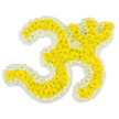 A striking, contemplative floral tribute in the form of the Om symbol is displayed against a pristine white background, its lines and curves brought to life through fresh yellow and white blooms. The central structure of the Om is fashioned from compact clusters of golden-yellow flowers, likely small chrysanthemums or marigolds, arranged so closely that their petals form a dense, softly undulating surface. This expanse of yellow feels warm and hopeful, like the gentle daylight that often washes over Mill Hill's tree-lined streets and open views. Encircling the yellow interior, a finely controlled border of pure white blossoms traces every contour and subtle bend of the symbol, making each stroke stand out clearly, including the small detached dot that completes the sacred form. The white flowers contribute a sense of calm and purity, balancing the positive energy of the yellow with quiet reverence. The entire arrangement is evenly lit, with no deep shadows, allowing the details of each petal and the overall flow of the design to be seen with equal clarity. The simplicity of the background keeps attention solely on the floral Om, letting the viewer imagine the gentle fragrance of fresh petals and the hush of a Mill Hill florist's studio as the tribute is prepared for a funeral or memorial. This piece feels perfectly suited to a service in the local area, perhaps near Mill Hill East or the green spaces that overlook the London skyline, where families gather to say goodbye. It offers not just colour and form, but a deeply spiritual message of peace, continuity, and the eternal resonance of the Om sound.