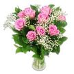 A softly rounded bouquet of pink roses and baby's breath rises gracefully from a simple clear glass vase, photographed against a luminous white background that emphasises every detail, as if the arrangement is sitting on a freshly polished counter in a Mill Hill flower shop. The bouquet contains about ten to twelve roses, their stems cut to the same length so that the blossoms form a cohesive dome. Each rose displays velvety petals in shades of pink that shift subtly between blooms, from muted blush to richer, mid-tone pink. Some flowers have opened wide, exposing intricate spirals and layered hearts, while others remain partially closed, hinting at the promise of further unfolding in the days to come. Interwoven among the roses are numerous sprigs of white baby's breath, their tiny, multi-petalled flowers creating a softness that resembles a delicate veil draped through the bouquet. This mist-like texture balances the more solid forms of the roses and adds a feeling of purity and tenderness, especially fitting for baby arrangements and gifts marking new beginnings. Encasing the arrangement, a collar of dark, glossy green rose leaves and other leafy stems completes the form, providing contrast and structure. Through the transparent vase, the viewer can see the straight green stems gathered neatly in clear water, reinforcing the impression of freshness and skilled preparation. The lighting is bright and even, capturing the natural sheen of the foliage and the plush surface of the rose petals without overshadowing the intricate textures of the baby's breath. Altogether, this bouquet conveys a mood of quiet celebration and heartfelt warmth-an ideal floral gesture for families in Mill Hill welcoming a new baby, sending congratulations, or simply brightening a light-filled home near the leafy edges of North London.