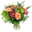 The bouquet shown here is a lush, hand-tied arrangement photographed against a smooth white backdrop, allowing its warm, vibrant palette to take centre stage, as if proudly presented on a Mill Hill dining table for a special gathering. At the heart of the design, generous roses bloom in soft peach, coral, and salmon-pink tones, their velvety petals unfolding in gentle spirals that reveal subtle colour gradients, from creamy edges to deeper, sunset-like centres. Woven through these roses are dramatic gerbera daisies in shades of deep magenta and burgundy, their many fine petals radiating from paler, almost glowing central disks, lending the bouquet a sense of cheerful sophistication. Slightly elevated above the other flowers, a single King Protea stands out as a striking focal bloom, its firm, layered bracts coloured with maroon and reddish-brown, tipped in a tender blush pink that gives it an exotic yet elegant character. Between the larger flowers, clusters of bright lime-green button chrysanthemums, perfectly round and densely petalled, add lively pops of colour and an engaging, tactile texture that feels fresh and modern. The entire arrangement is embraced by abundant greenery: broad, glossy leaves create a solid, supportive frame; tall, sword-like blades reach upward to give height and movement; and airy sprigs of eucalyptus with rounded, silvery-green leaves introduce softness and a hint of natural fragrance, reminiscent of a walk through the greener corners of Mill Hill. The stems are neatly gathered and visible at the base, tied securely to showcase the hand-crafted nature of the bouquet. Overall, the composition conveys celebration, gratitude, and heartfelt warmth, suitable for birthdays, thank-you gifts, or marking meaningful milestones for friends and family living in and around Mill Hill.