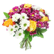 Set against a pristine white background, this lush bouquet appears as a rounded, hand-tied dome of colour and texture, as though it has just been finished at the workbench in Flowers Mill Hill. The focal point is a cluster of fully opened bi-colour roses, their petals melting from a bright golden yellow centre into rich orange and a faint blush of reddish-orange along the outer edges, calling to mind a warm sunset beyond Mill Hill's rooftops. Surrounding these roses are neat sprays of white daisy-like chrysanthemums, each bloom with a luminous lime-green centre that pops against its circle of slender white petals, lending the design a crisp, contemporary feel. Threaded throughout, smaller chrysanthemums in deep magenta and fuchsia tones add a jewel-like richness, their compact, multi-petalled heads and yellow-green eyes providing both texture and depth. Dark green foliage, similar to ruscus, slips between the flowers at varied angles, its glossy leaves breaking up the colour blocks and giving the bouquet a soft, natural outline. At the bottom, the stems are clearly visible, trimmed clean and held closely together, hinting at a freshly arranged gift ready to be placed into a vase on a Mill Hill kitchen table or delivered to a friend near Mill Hill East. The light in the image is even and gentle, highlighting the velvety rose petals and the fine structure of each daisy, while the overall impression is one of happiness, appreciation, and warm celebration-suitable for birthdays, thank-you gestures, or simply brightening a quiet corner of a home in NW7.