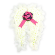 A peaceful angel-wing arrangement is shown against a bright white background, its soft contours created from hundreds of tiny, pristine white flowers that suggest delicate chrysanthemums or spray carnations. The blossoms are nestled so closely together that they form a thick, plush surface, outlining two wings that curve gently away from the central point, evoking the idea of an angel leaning protectively over someone dear. Along the edges, fine white feathers have been carefully tucked among the petals, their downy ends and light texture lending the tribute an airy, almost floating quality, as if the wings might stir with the faintest breeze. At the heart of the design, where the wings meet, a rounded nest of dark purple flowers or foliage introduces a deep, velvety tone, adding contrast and a sense of solemn reflection to the otherwise luminous piece. Positioned on top of this darker cluster is a bright fuchsia satin bow, its loops neatly formed and its ribbon tails trailing down in soft, shining lines across the white flowers. Resting within the centre of the bow is a single, very pale pink rosebud, still closed enough to appear modest and gentle, representing innocence, cherished memories, and enduring affection. The overall effect is of quiet, angelic comfort, making this tribute a thoughtful choice for funerals, cremations, or memorial gatherings in Mill Hill, perhaps placed by the coffin in a church on The Ridgeway or in a service space close to Mill Hill East. This design reflects the kind of compassionate craftsmanship you would expect from a dedicated local florist, created to bring solace through symbolic, angelic wings during a time of farewell.