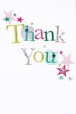 This thank you card brings a subtle, heartfelt joy to mind, as though each design choice was made to lift the recipient's spirits in true Mill Hill fashion. The phrase 'Thank You' bands across the front in lively, distinctive lettering-a medley of shimmering silver, radiant yellow, lush green, and vibrant blue. Some letters glisten with polka dots or delicate stitched motifs, recalling the care of handcrafted gifts so cherished by the close-knit NW7 community. Scattered stars in shades of pink, teal, and silver orbit the centerpiece message, adding a playful sense of celebration. The immaculate white background bestows a peaceful spaciousness, letting each color and sparkle breathe freely. Altogether, the card conveys whimsical gratitude mingled with authenticity, perfect for accompanying a bouquet sent well-wishes across Mill Hill. Its charming arrangement and cheerful tone evoke the warmth and connection that define life in this North London neighbourhood.