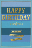 This stylish birthday card captures a gentle, uplifting spirit through its careful mix of blues and golds, as if reflecting the quiet charm of Mill Hill on a clear afternoon. The background features wide, horizontal stripes that move through a spectrum of blue tones, beginning with rich navy at the bottom and gradually softening into lighter, more luminous shades towards the top. The smooth gradient has a calming, horizon-like quality, reminiscent of the expansive skies seen from Mill Hill's higher vantage points. In the centre, the phrase HAPPY BIRTHDAY appears in striking, embossed gold letters. The typeface is elegant and assured, and the metallic finish reflects light in a soft, understated way, providing a focal point that feels celebratory without being overly bright. Directly below this main greeting, a graceful golden flourish curves across the card, evoking the sweep of a calligrapher's pen and adding a touch of old-fashioned refinement. Underneath, three slim gold banners sit neatly one under the other, each bearing a simple, reassuring line: Relax, have a great day and enjoy! These banners resemble narrow lengths of gold ribbon, their smooth shine standing out crisply against the matte blue stripes behind them. A fine gold border frames the entire design, bringing a sense of structure and polish, much like a well-chosen frame around a favourite photograph. Imagined paired with fresh blooms delivered nearby by Flowers Mill Hill, this card offers more than a message; it conveys a mood of warmth, ease, and thoughtful care, inviting the birthday recipient to pause, breathe deeply, and truly enjoy the day that's been set aside just for them.