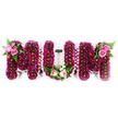 The scene presents a moving floral tribute that spells MUM in large, freestanding letters, carefully arranged against a clear white background so the colours appear crisp and defined. Each letter is three-dimensional and completely covered with hundreds of small, deep pink and magenta blossoms, likely chrysanthemums or carnations, tightly massed to create a dense, velvety texture. The blooms are consistently arranged, giving the surface of the letters a smooth, plush appearance that feels both generous and composed. Around the edges of the lettering, a soft pale pink ribbon has been lightly ruffled and fixed in place, tracing the outline with a gentle pastel frame that adds femininity and elegance. At the top outer corner of both Ms, compact sprays of lighter pink roses rest among fresh green foliage and airy fern fronds, introducing softness, fragrance, and a more open petal shape that contrasts beautifully with the smaller flowers beneath. The central U features a modest yet heartfelt embellishment at its base: a small bouquet-like group of light pink roses, creamy white blooms, and greenery that sits snugly in the curve, almost like a corsage cradled by the letter. The overall design, which would sit comfortably on a coffin top or easel at a Mill Hill funeral service or cemetery gathering, conveys a clear and tender message of love and remembrance for a mother. Its serene palette, thoughtful structure, and precise floristry speak of a life cherished and a bond that endures beyond the day of farewell.