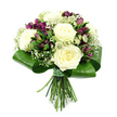 Against a crisp white background, this hand-tied bouquet appears as a carefully composed work of floral art, the sort of refined design often prepared for Mill Hill families marking special milestones. At the centre, several fully open white roses, some touched with a gentle cream hue, create a lush cluster, each bloom filled with overlapping petals that spiral inward toward a soft heart. Woven between them are rich purple alstroemeria, their petals elongated and slightly curved, displaying fine speckles and stripes; some flowers are fully open, revealing their detailed throats, while others remain as slender buds that hint at continued unfolding beauty. Fine stems of white baby's breath thread throughout, adding an airy, cloud-like softness and filling the small spaces with tiny star-like blossoms. In contrast, subtle spiky fillers in shades of green and off-white-similar to astrantia or thistles-introduce a gentle texture that keeps the bouquet visually engaging without overwhelming the calm palette. The entire flower head rests within a structured collar of wide, glossy dark green leaves, likely aspidistra, bent and wrapped to form a smooth, polished border that frames the blooms and lends a contemporary silhouette. Below this collar, the straight green stems are cut neatly and tied together with a green and white checked ribbon, completing the look with a tidy, almost tailored feel that would sit beautifully on a Mill Hill dining table. The combination of white, purple, and green, along with the mix of soft and slightly spiky textures, gives this bouquet a poised yet heartfelt character, well suited for anniversaries, thoughtful thank-you gifts, or gentle sympathy arrangements delivered across Mill Hill.