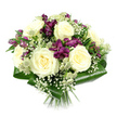 In this clear studio photograph, a carefully crafted bouquet stands out against a pure white background, its rounded shape and harmonious colours speaking of skilled floristry from the heart of Mill Hill. At the centre, several creamy white roses are in full bloom, their petals unfolding in tight spirals to create plush, layered rosettes that feel soothing and refined. Interlaced with them are deep purple and magenta alstroemeria, their slender, trumpet-shaped petals with delicate speckling adding a vivid splash of colour and a modern, slightly dramatic edge. Fine sprays of white gypsophila are scattered throughout, forming a light, cloud-like haze that softens the strong contrasts and lends a romantic, airy feel, like mist over the fields just beyond the edges of Mill Hill. Subtle accents of green-white astrantia peek through, their star-shaped bracts and textured centres contributing a touch of wildflower character that brings the bouquet closer to nature. The whole composition is framed and grounded by wide, glossy aspidistra leaves folded into a smooth collar, their rich dark green tones highlighting the lighter shades above and giving the arrangement a polished, contemporary outline. Neatly cut stems emerge from the base, tied closely together to show this is a traditional hand-tied bouquet, ready for vase placement or same-day delivery across Mill Hill and nearby areas. The overall impression is one of gentle elegance and heartfelt sentiment, suitable for expressing sympathy, admiration, or quiet celebration in homes, churches, and gathering places around the community.