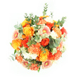 This image shows a vibrant bouquet captured from a direct overhead angle, set against a spotless white background so the colours and textures appear almost luminous. The arrangement forms a full, rounded shape dominated by roses in deep gold, sunny yellow, and glowing tangerine, their petals wrapped tightly in concentric spirals that lend a luxurious, velvety look. Between the roses, clusters of peach and bright orange carnations introduce a ruffled softness, with their many delicate petals adding volume and a sense of movement. Gerbera daisies with characteristic flat, radiating petals appear in light orange and soft peach, some displaying gently pink-washed centres that add a subtle note of charm and whimsy. Sprinkled throughout, tiny white and pale green filler flowers provide intricate detail and airy highlights, offering gentle contrast to the larger, more solid blooms. Surrounding and threading through the bouquet, rounded eucalyptus leaves in cool silvery-green, alongside deeper green foliage, form a refreshing frame that balances the warm colour palette. The lighting is even and bright, making every hue feel clear and vibrant, as if the bouquet were resting on a bright countertop in a Mill Hill home near the views of Arrandene Open Space. The overall effect is warm, joyful, and quietly luxurious, making the design well-suited to birthdays, anniversaries, or simply brightening someone's day with a local delivery in NW7. It carries the subtle assurance of flowers arranged by a skilled Mill Hill florist, where colour, texture, and emotion are blended with thoughtful care in every stem.