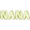 A three-dimensional floral tribute spells out the name NANA in bold capital letters, each character built from hundreds of small, pristine white button chrysanthemums so tightly clustered they read like a soft, sculpted cloud. From a short distance the petals form a uniform, pillowy surface; up close you can pick out the individual florets, their tiny discs and feathery edges creating subtle shadow and texture. Each letter is crisply traced by a narrow, vibrant green border of foliage or pleated ribbon that hugs the contours like a frame, the bright green offsetting the pure white blossoms and sharpening the overall silhouette against a stark white background. The lighting is bright and even, bringing out the cool, clean tone of the whites and the fresh, almost dewy sheen on the leaves. There is a faint, familiar scent of chrysanthemum - green and soft rather than perfume-heavy - that suggests freshness and careful handling. As a sympathy piece this arrangement reads as dignified and tender, a visual embrace for a grandmother's memorial; its scale and three-dimensional presence make it suitable for a viewing table or a chapel display in Mill Hill. A local florist's hand is visible in the neat, geometric shaping and the steady balance between softness and structure; it's the sort of tribute families in Mill Hill Village, near Mill Hill Broadway, often choose when they want a clear, named expression of love and remembrance at a funeral or graveside service. The overall effect is timeless: calm, respectful, and quietly consoling.