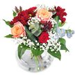 This bouquet is a harmonious blend of artistry and comfort, crafted in the heart of Mill Hill. Creamy apricot roses take the spotlight, their petals unfurling with soft luminosity amid rich crimson chrysanthemums and a single sumptuous red rose nestled artfully below. Lacy clouds of baby's breath drift among the blooms, offering a gentle, inviting lightness that brightens the deep palette. Lustrous dark green leaves ground the design, while sprigs of silvery eucalyptus and unique plum-toned, succulent-style accents provide contemporary appeal and a breath of woodland freshness-an echo of Deans Brook's leafy tranquillity. Gathered within a clear, rounded vase, the submerged stems are visible, crisscrossing in lively balance and sparkling with clarity, just like the community itself. Ideal for enhancing a thoughtful dinner table or marking a joyful occasion on Mill Hill Broadway, this bouquet is designed to evoke new beginnings and enduring affection, a true celebration of Mill Hill's welcoming spirit.