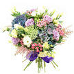 Soft as morning light in Mill Hill, this exquisite bouquet delights with its harmonious blend of colour, form, and texture, artfully combining artistry with the calm found on walks through Mill Hill Park. Central hydrangea clusters in deep indigo, teal, and ovate purple plushness become a visual and tactile centrepiece, their pillowed shapes echoing soft clouds above the area's leafy gardens. Among these, roses in dreamy lavender and creamy white open with effortless grace, their layered petals both inviting and serene. Ranunculus add a dance of white, their ruffled forms bringing gentle contrast against richer shades. Delicate, pale yellow lisianthus and eustoma rise here and there, their slender buds and open flowers imparting a luminous, fresh aspect. Sprigs of vivid fuchsia filler blossom with playful colour, while ethereal pink astilbe at the bouquet's fringes lend a touch of whimsy, much like the gentle breezes drifting through Arrandene fields. Slender lacy green and white fillers add lightness and detail, balancing the design and enhancing each shade. All is gathered loosely into a neat bundle, secured at the base with a sumptuous royal purple satin ribbon, a nod to tradition and sophistication. A bouquet to evoke peace, admiration, and the unique local charm of Mill Hill-delivered with pride for every milestone or moment that matters.